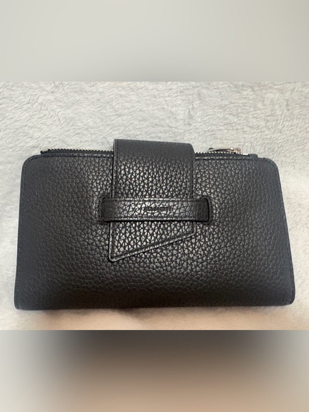 All Saints Black Pebbled Leather Zip Wallet with Strap Detail
